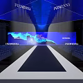 Fashion Stage With Blue Background Screens FENGWENA Branding Spotlights And Audience Seats