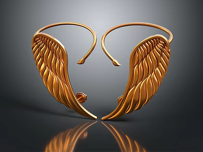 Fashionable Golden Wing Shaped Earrings With Shiny Unique Design For Daily Use 3d model
