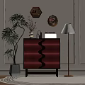 Stylish Red Entryway Console Cabinet With Wavy Design Clock Vase Potted Plant Floor Lamp And Wall Art Decor