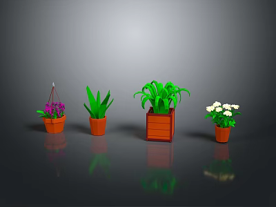 Various Hanging And Potted Plants With Green Leaves Purple White Flowers In Orange Brown Pots 3d model