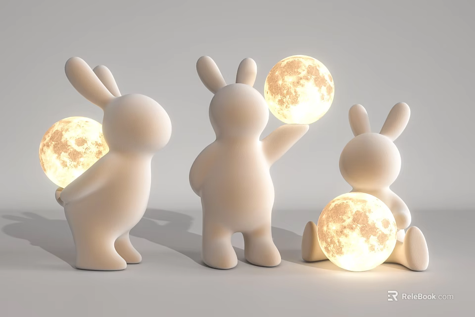 Three Rabbit Shaped Table Lamps with Glowing Moon Balls for Home Decor 3d model 