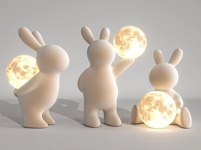 Three Rabbit Shaped Table Lamps with Glowing Moon Balls for Home Decor 3d model