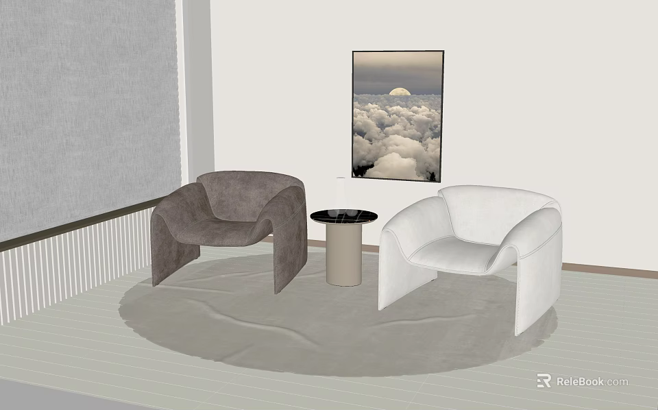 Modern Casual Sofa Set With Gray White Curved Sofas Round Table Cloudscape Painting On Carpet 3d model