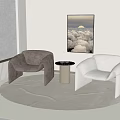Modern Casual Sofa Set With Gray White Curved Sofas Round Table Cloudscape Painting On Carpet 3d model