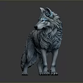 Wolf With Blue And White Fur And Glowing Eyes In Standing Pose Against Dark Background