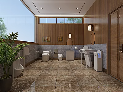 Modern Public Restroom Interior With Wooden Walls Tiled Floor And Washbasins 3d model