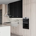 Modern Kitchen With Black And Light Wood Cabinets Marble Countertop And Island