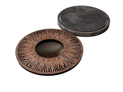 Copper Colored Circular Lid With Engraved Fortress Islands Patterns And Black Cover 3d model
