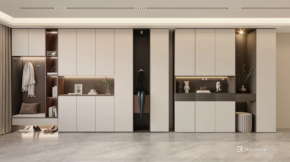 Modern Stylish Shoe Cabinet Interior Design With Neutral Cabinets And Decorative Plants 3d model 