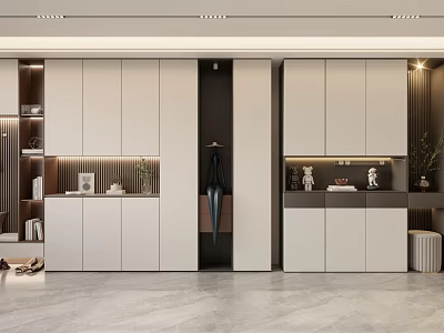 Modern Stylish Shoe Cabinet Interior Design With Neutral Cabinets And Decorative Plants 3d model