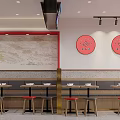 Cheerful Restaurant Interior Design With Red Wall TOGETHER Lettering Eat Noodles Text And Decorative Fans