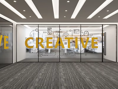 Glass Wall With Creative Lettering In Modern Office 3d model