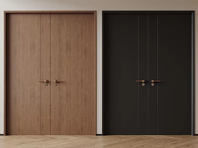 Modern Double Doors Interior Design With Brown Wooden And Black Panels And Metal Handles 3d model