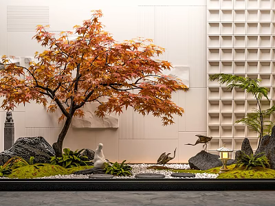 Indoor Landscape Featuring Red Maple Tree White Wall Grid Decoration Stones Moss And Crane Sculptures 3d model
