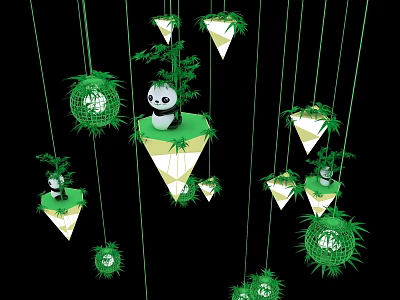 Hanging Cone Shaped Decorations With Panda Bamboo And Green Spheres On Black Background 3d model