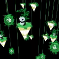 Hanging Cone Shaped Decorations With Panda Bamboo And Green Spheres On Black Background