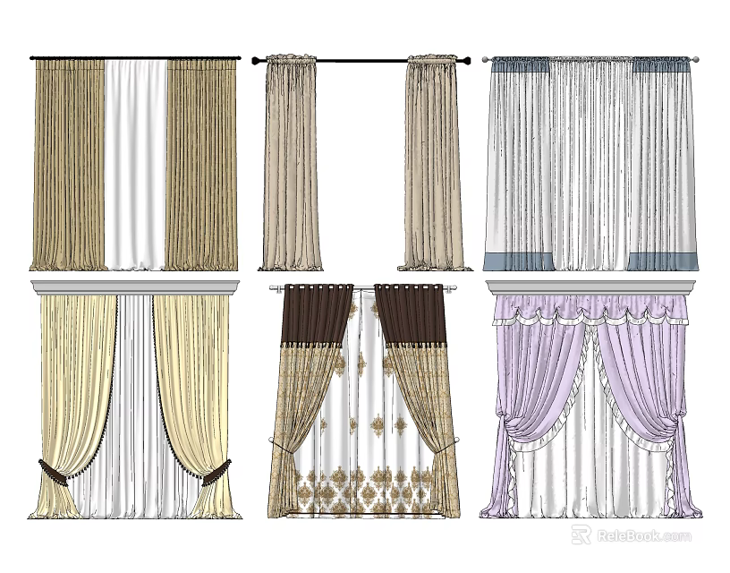 Stylish Curtain Designs Featuring Various Colors And Elegant Decorative Patterns 3d model