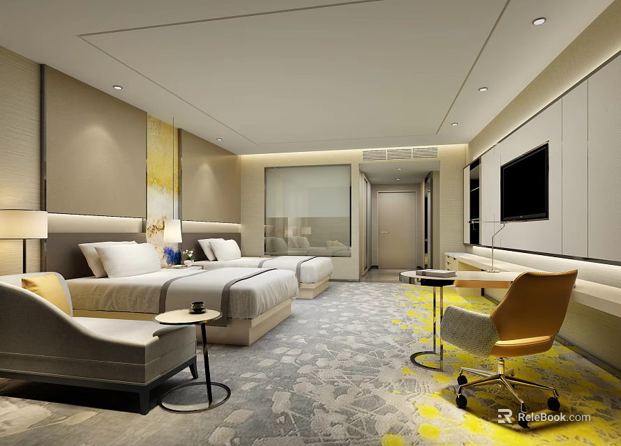 Modern Hotel Guest Room With Twin Beds Armchair Desk And Flat Screen TV 3d model 