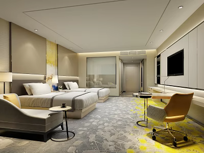 Modern Hotel Guest Room With Twin Beds Armchair Desk And Flat Screen TV 3d model