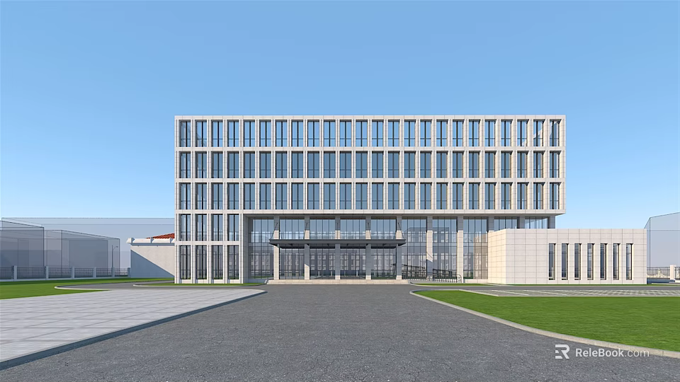 Modern Office Building With Glass Facade Spacious Entrance And Landscaped Lawn 3d model 