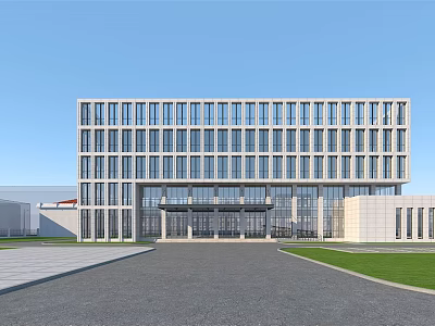 Modern Office Building With Glass Facade Spacious Entrance And Landscaped Lawn 3d model