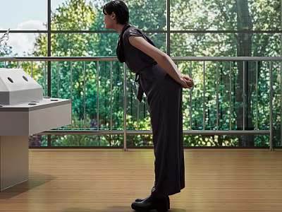 Woman Standing In Interior Space With Large Windows And Green Trees View 3d model