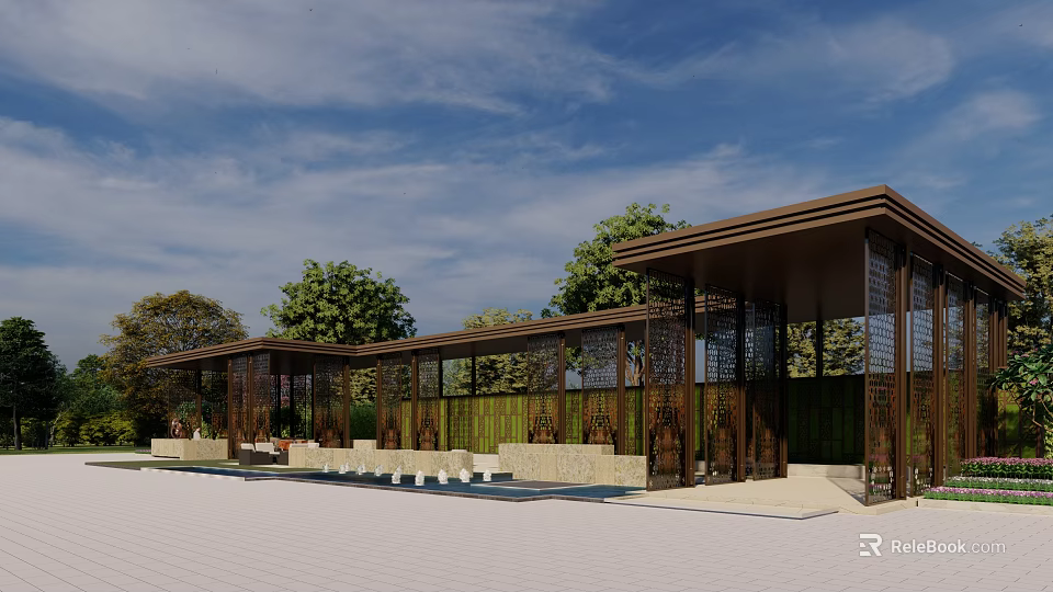 Modern Outdoor Pergola With Glass Panels Green Trees And Contemporary Design Elements 3d model 