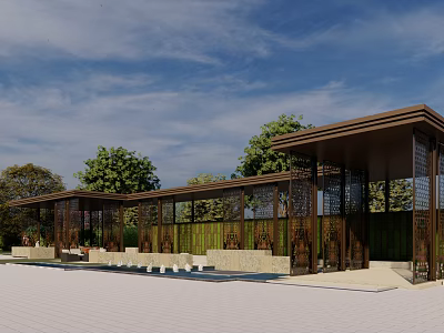 Modern Outdoor Pergola With Glass Panels Green Trees And Contemporary Design Elements 3d model