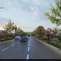 Beautiful Urban Road Landscape With Lush Trees Colorful Flowers And Passing Cars Under Soft Sky