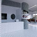 Modern Café Interior With White Tiled Walls Hanging Circular Lights Curved Partitions Brown Leather Booths