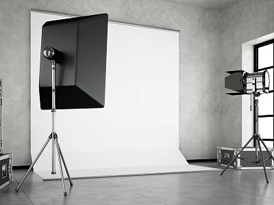 Professional Photography Studio Setup with White Backdrop and Lighting Tripods 3d model