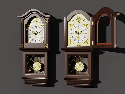 Wooden Wall Clocks With Arched Top Glass Doors One Open White Dial Gold Pendulum 3d model