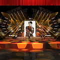 Stage Featuring Yellow Lighting Effects Large Screen Performer and Circular Floor Patterns 3d model