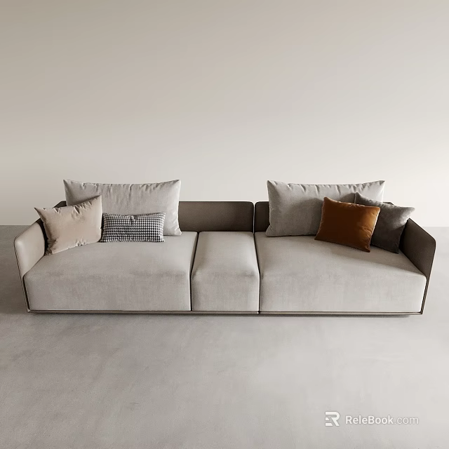 Light Gray Modern Two Seater Sofa With Beige Checkered Brown Throw Pillows 3d model