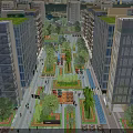 Modern Commercial Street With Greenery Pedestrian Areas Outdoor Seating And Tall Buildings