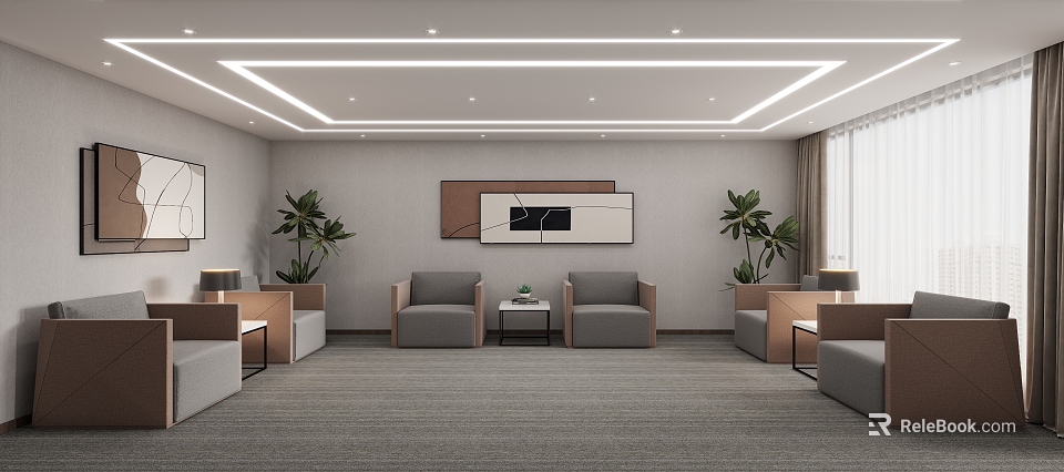 Modern Hotel Public Lounge Area With Gray Sofas Coffee Tables Decorative Artwork And Green Plants 3d model 