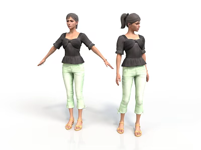Woman In Black Top Light Green Cropped Pants Sandals And Different Hairstyles Front Side Views 3d model