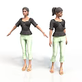 Woman In Black Top Light Green Cropped Pants Sandals And Different Hairstyles Front Side Views