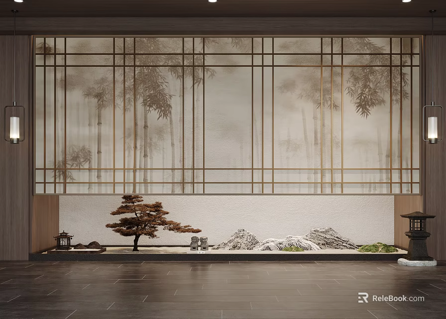 Traditional Zen Indoor Landscape With Lattice Screen Bamboo Pattern Small Tree Stones And Lantern 3d model 