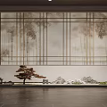 Traditional Zen Indoor Landscape With Lattice Screen Bamboo Pattern Small Tree Stones And Lantern