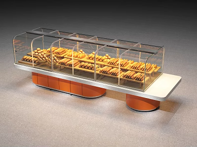 Glass Door Display Shelf with Orange Base for Bakery Bread Showcase 3d model