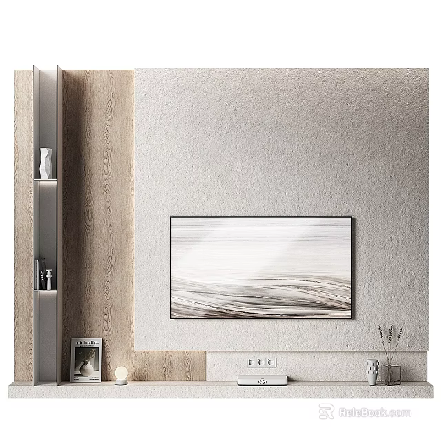 Modern Textured TV Background Wall With Wooden Side Shelves And Decorative Artwork 3d model 