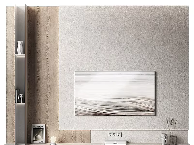 Modern Textured TV Background Wall With Wooden Side Shelves And Decorative Artwork 3d model