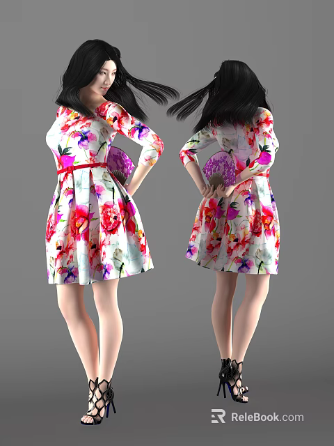 Woman Wearing Floral Print Short Dress With Red Belt Front Back Views 3d model 