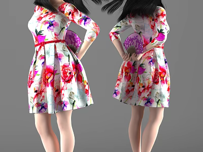 Woman Wearing Floral Print Short Dress With Red Belt Front Back Views 3d model
