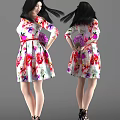 Woman Wearing Floral Print Short Dress With Red Belt Front Back Views