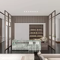 Modern Front Desk Reception Area With Large Blueprint Wall And Model Display Platform 3d model
