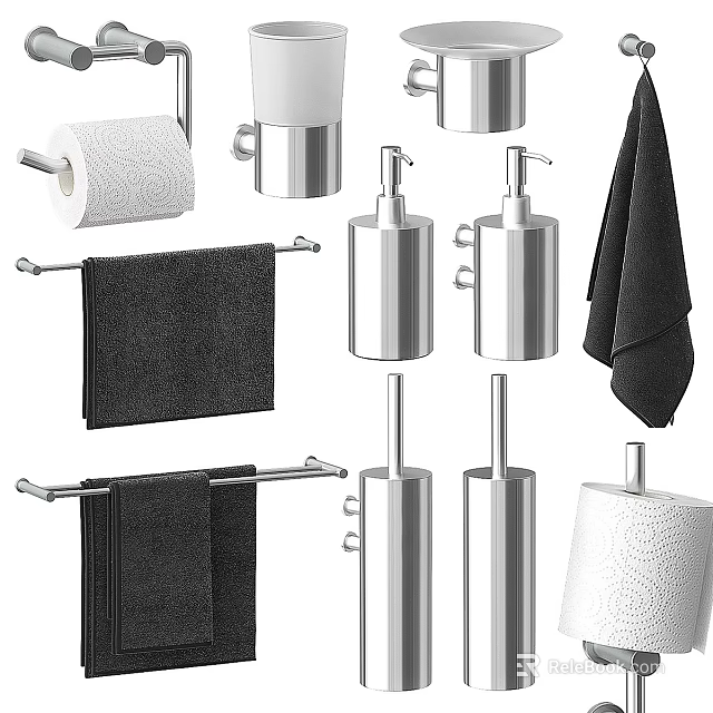 Black Bathroom Towels With Stainless Steel Towel Racks And Soap Dispensers 3d model 