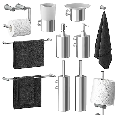 Black Bathroom Towels With Stainless Steel Towel Racks And Soap Dispensers 3d model