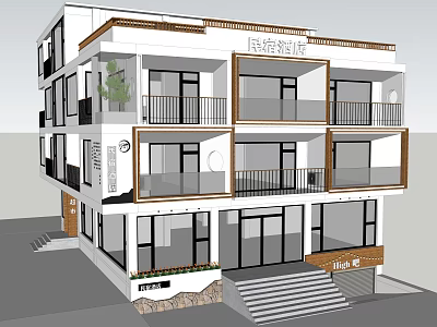 Modern Boutique Guesthouse Building With Multiple Balconies Glass Facade And Exterior Design 3d model